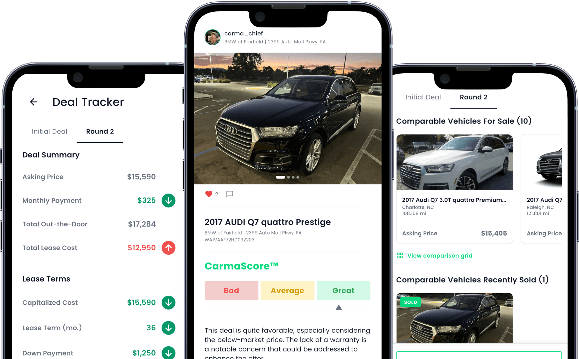 Carma app showing deal analysis and community data