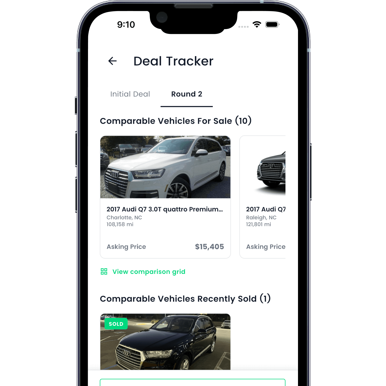 Listings showing vehicles for sale and recently sold