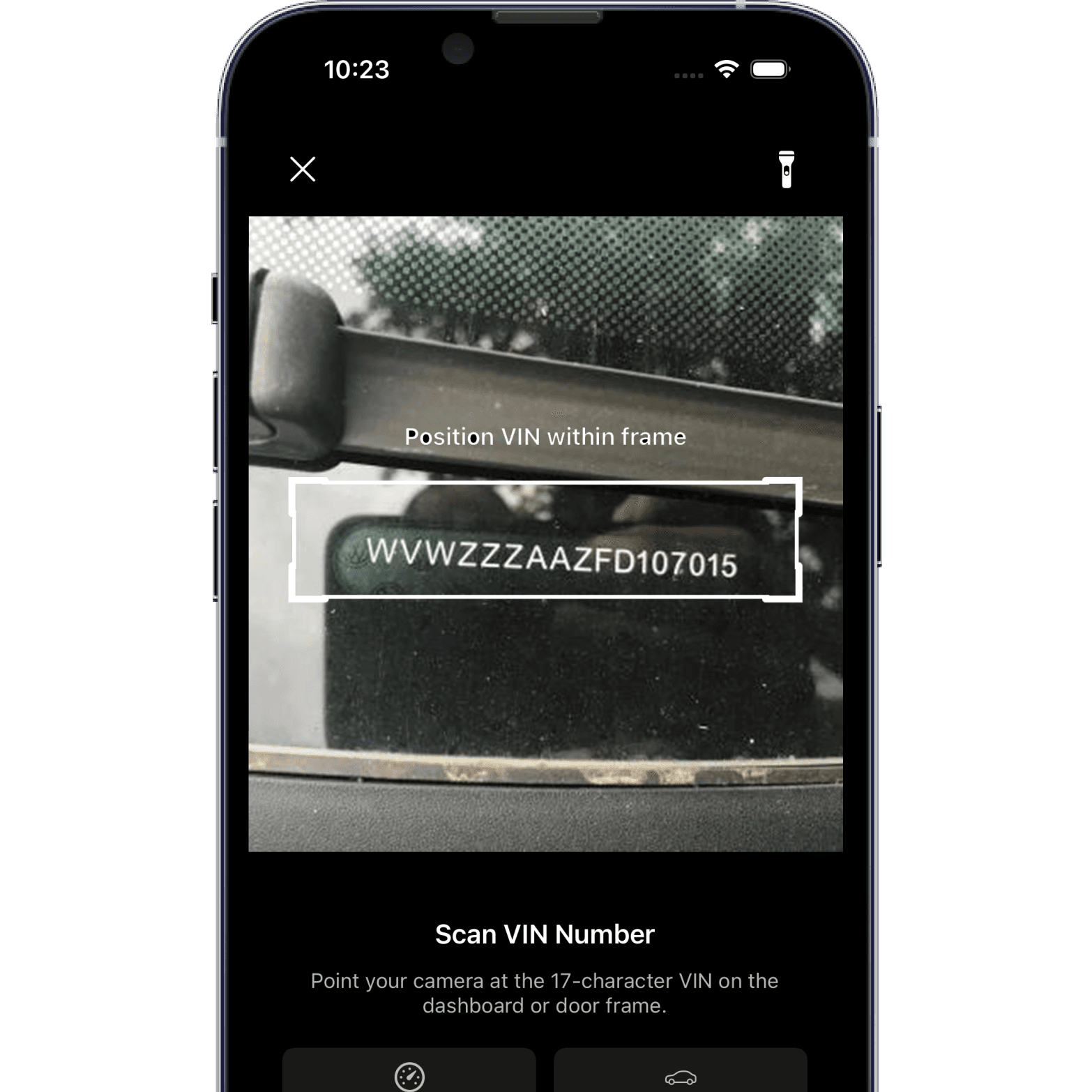 VIN scanner camera view with scanning frame